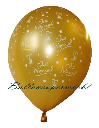 Ballons, Luftballons zur Hochzeit, Farbe Gold, Bedruckung Just Married und Sektgläser